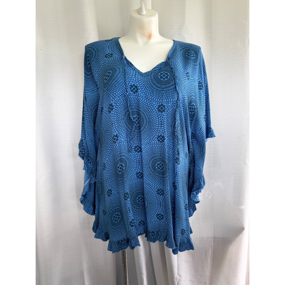 Handmade Blue Mandala Ruffle Sleeve Tunic Top Size XL Boho Lagenlook Oversized